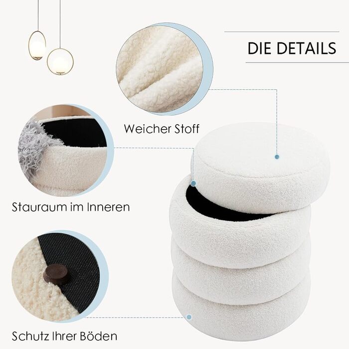 Круглий стілець Zedelmaier у формі ведмедика з місцем для зберігання - стілець для сидіння, туалетний столик та стілець для зберігання для вітальні, спальні та дитячої кімнати (білий) 38Г x 38Ш x 40В см Білий