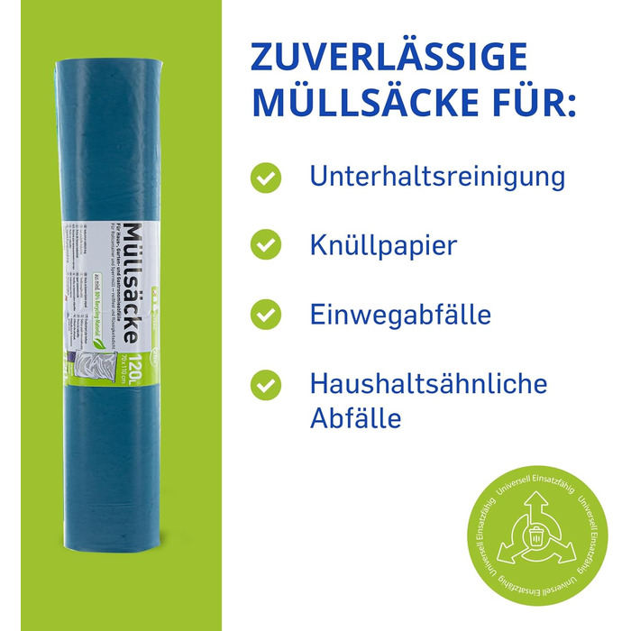 Опт Hossi&39s Мішки для сміття 120 літрів, 10 рулонів по 25 мішків Сині сміттєві мішки для побутових, садових та громадських відходів Міцні сміттєві мішки товщиною 39 мкм (700 x 1100 мм), 1 коробка (10 рулонів) 39 мкм