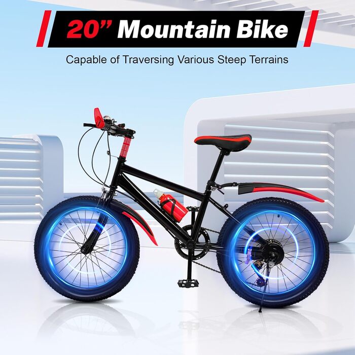 Дюймовий дитячий гірський велосипед, 7-швидкісний дитячий велосипед для хлопчиків та дівчаток з пляшкою для води, сумкою для зберігання, дзвіночком-компасом, велосипед з вуглецевої сталі, вантажопідйомність 85 кг, червоний, 20-