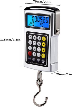 Електронні ваги для рибальських гачків, цифрові підвісні ваги, місткість 50 кг, з підсвічуванням РК-дисплея, 7-дюймовий багатофункціональний пристрій для риболовлі, подорожей, використання, включає температурний годинник, калькулятор, кран
