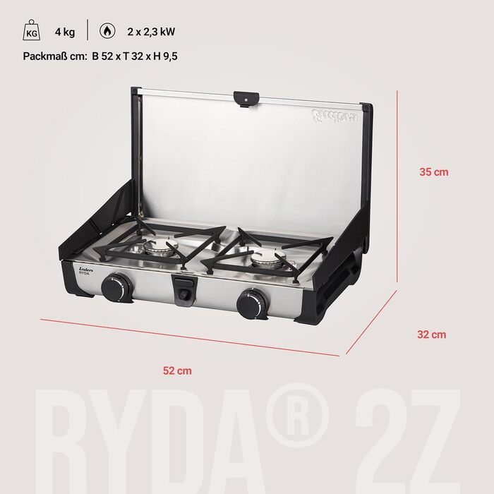 Газовий пальник Enders Ryda 2Z, 2-конфорковий, з захистом від згасання полум'я, пальники з нержавіючої сталі 2x2,3 кВт, компактний, з газовим шлангом та вітрозахистом 1862