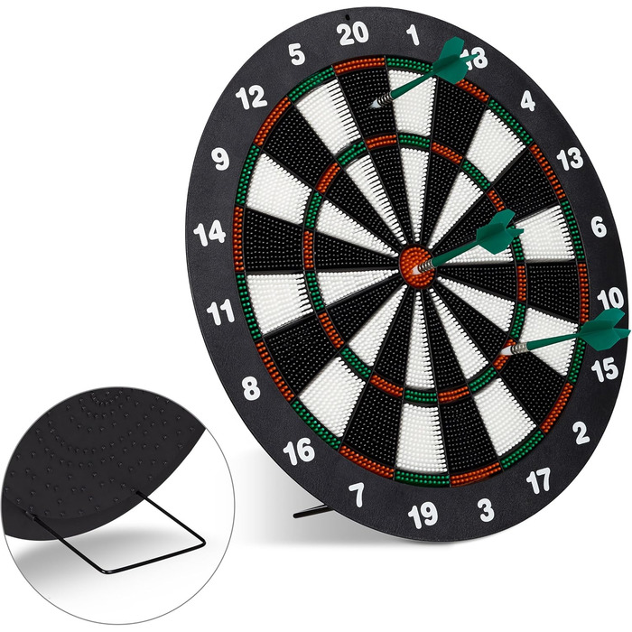 Мішень для дартсу Relaxdays 42 см, м&39які безпечні дротики, 6 дротиків, зручні для дітей, стійка, безпечна мішень для дартсу, чорно-біла, одинарна