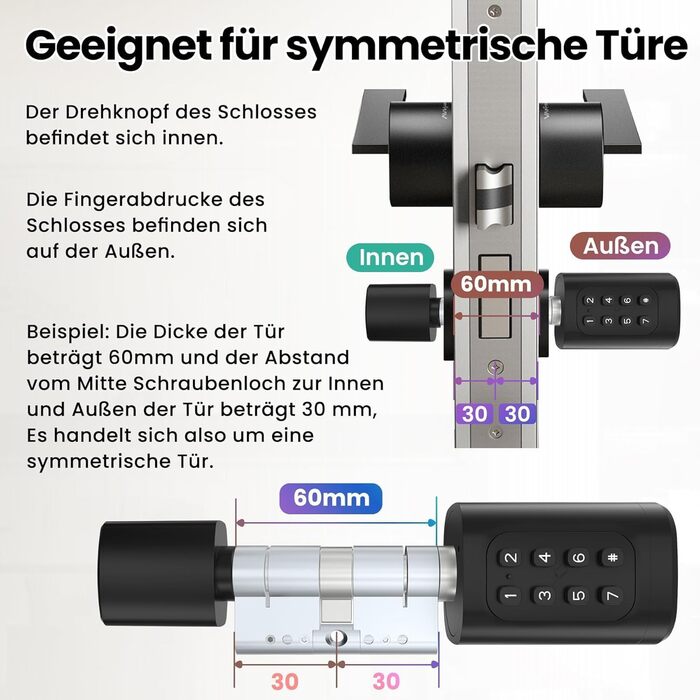 Розумний дверний замок AVATTO з відбитком пальця та паролем для дверей 90-120 мм, довжина циліндра замка регулюється, з ключем, картою IC, підтримка Smart Life App Remote Control