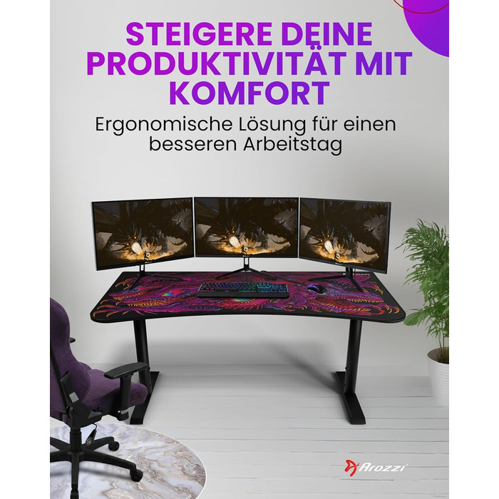Надширокий вигнутий ігровий та офісний стіл Arozzi Arena з водовідштовхувальним килимком на всю поверхню, вирізами для організації кабелів та сіткою (Crawling Chaos)