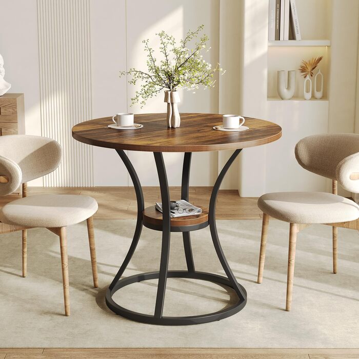 Круглий обідній стіл Tribesigns, кухонний стіл для їдальні та вітальні, обідні столи 80 см для 2-4 осіб, невеликий обідній стіл з місцем для зберігання та металевою основою, рустикальний коричневий (лише стіл)