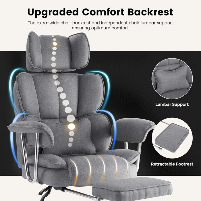 Ергономічне офісне крісло IWMH з підставкою для ніг та поперековою опорою, крісло керівника 200 кг XXL, обертове крісло з підлокітниками та підголівником, тканина з регульованою висотою (сірий колір)