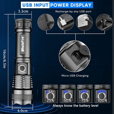Світлодіодний ліхтарик WholeFire, акумуляторний USB, 2 шт., надзвичайно яскравий 90000 люмен XHP70.2, з можливістю масштабування, водонепроникний, потужний, 5 режимів, аварійне освітлення для використання на вулиці
