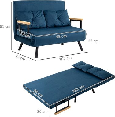 Диван-ліжко HOMCOM 4-в-1, 2-місний диван з функцією сну, 183 x 98,5 см, розкладне крісло-ліжко з 5-позиційною регульованою спинкою, підлокітником, поперековою подушкою, оксамитовий вигляд для вітальні, синій, 102Д x 73Ш x 81В см, тканина під оксамит