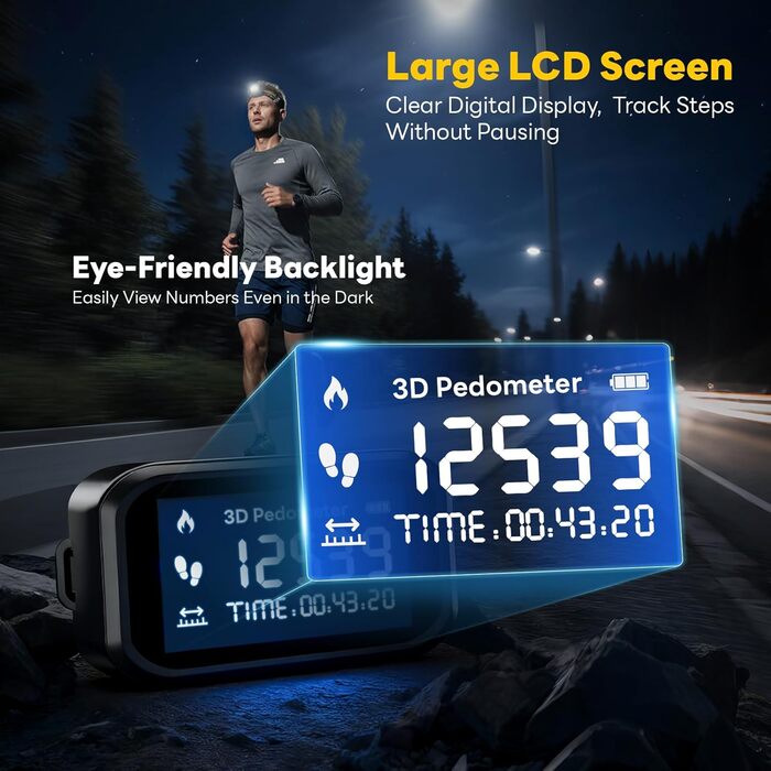Крокомір із застібкою, крокомір без застосунку чи телефону, точний крокомір із шнурком, лічильник калорій, РК-дисплей, крокомір для ходьби, бігу, пробіжок, походів, 3D