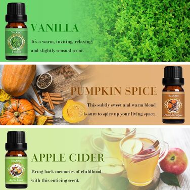 Набір осінніх ефірних олій SALKING, 6x10 мл 100 органічної ароматерапевтичної ароматичної олії, подарунковий набір для дифузора, зволожувача повітря, масажу, гарбузових спецій, ванілі, сосни звичайної, яблучного сидру, кориці, печива з корицею