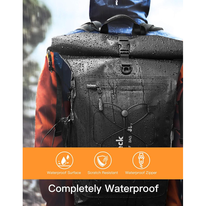 Рюкзак Inateck RollTop для чоловіків 30-35L водонепроникний багатофункціональний органайзер зі знімним плечовим ременем, випускним клапаном, водонепроникною блискавкою для їзди на велосипеді, походів на свіжому повітрі