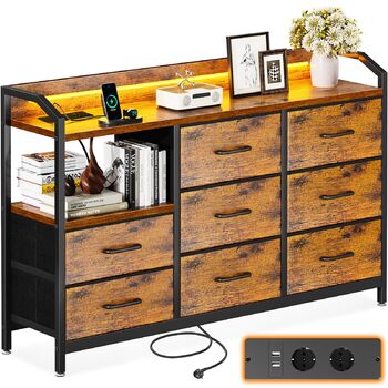 Комод ODK, шафа з шухлядами та світлодіодною стрічкою (10 регульованих кольорів), 2 розетки USB та 2 розетки змінного струму, 8 тканинних шухляд, комод для вітальні/спальні, 110*30*88 см, вінтажний