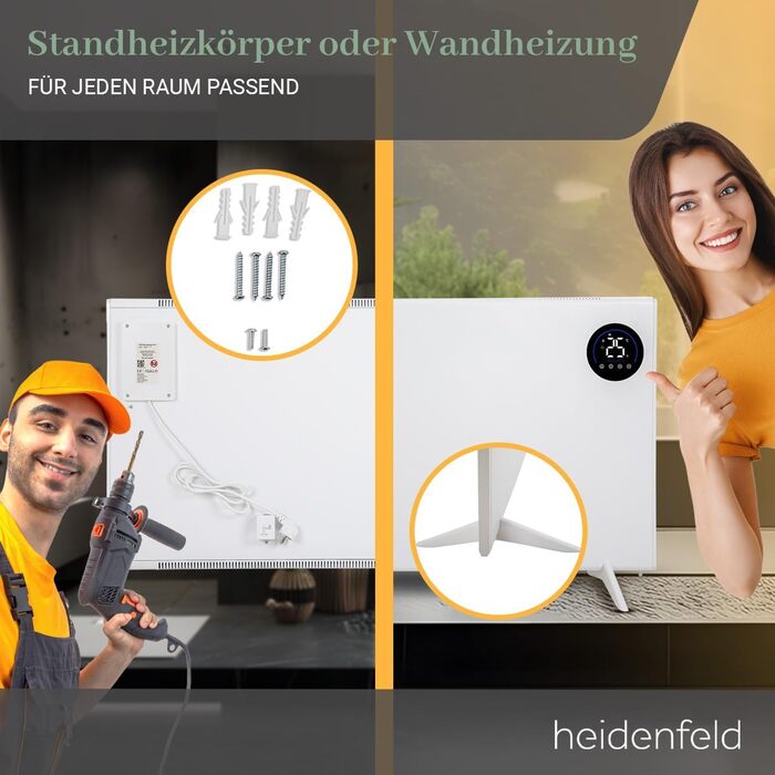 Інфрачервоний обігрівач та конвектор Heidenfeld HF-HP150 1000 Вт для площі до 25 м Гібридне опалення Керування за допомогою застосунку Дистанційне керування Сенсорна панель керування Інфрачервоний обігрівач з термостатом (HF-HP150 1000 Вт)