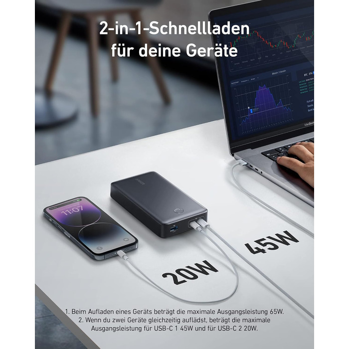 Для ноутбука), 24 000mAh 65W, мобільний зарядний пристрій для MacBook Pro, Dell XPS, Microsoft Surface, iPad Pro, iPhone 13 Pro, i