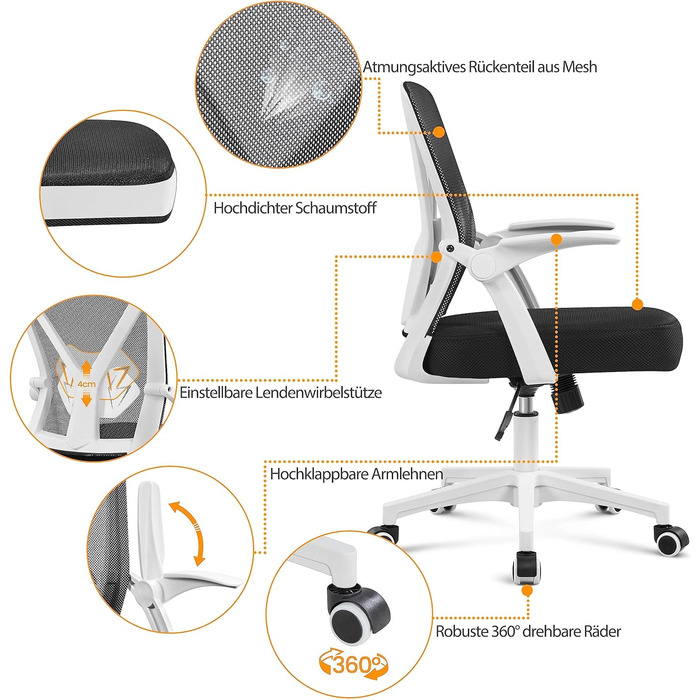 Офісний стілець Yaheetech, стілець для роботи з відкидними підлокітниками, обертовий стілець із сітки, ергономічний офісний стілець, регульована поперекова опора, функція гойдання, регульована висота (білий)