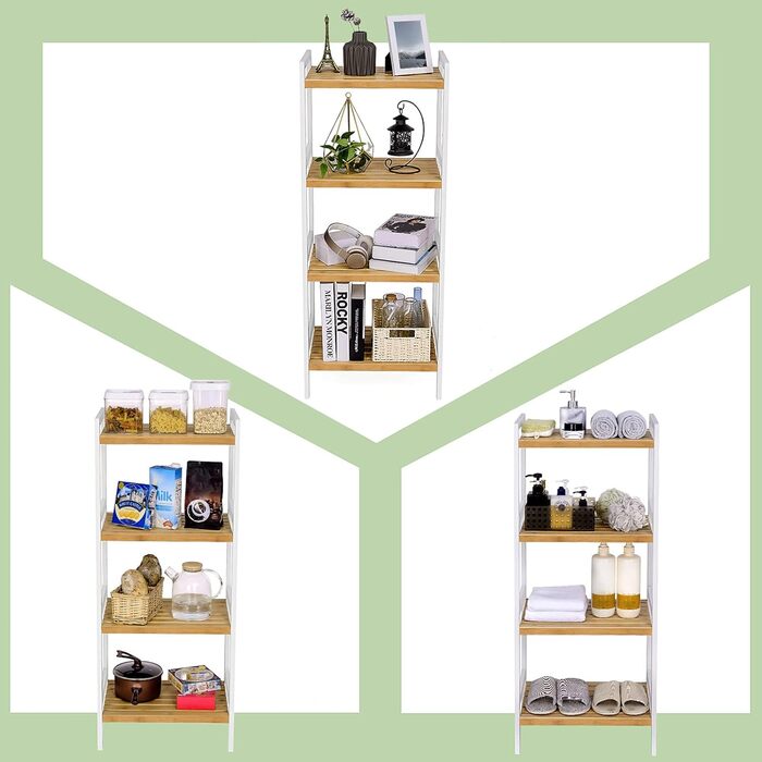 Бамбукова полиця SONGMICS, кухонна полиця, полиця для ванної кімнати, книжкова полиця, окремостояча полиця з 4 полицями, 31,5 x 45 x 111 см, для ванної кімнати, кухні, вітальні, спальні, балкону, натурально-білий BCB74WN Натуральний білий 4 рівні (111В см