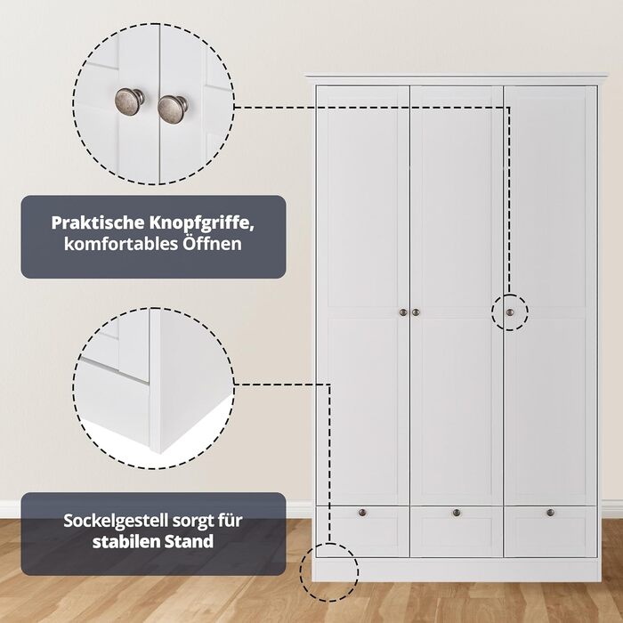 Шафа-купе KHG з орними дверима, біла, 3 двері, 3 шухляди, 1 вішалка для одягу, 5 полиць з регульованою висотою, цоколь, шафа в сільському стилі, 3-дверна