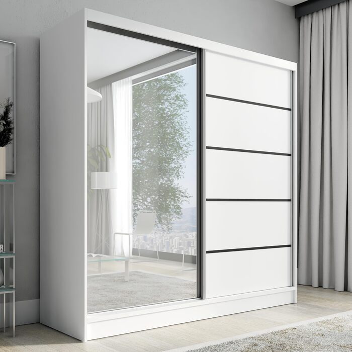 Шафа-купе з розсувними дверима, 2-дверна з шухлядами та дзеркалом, 200 см (біла)