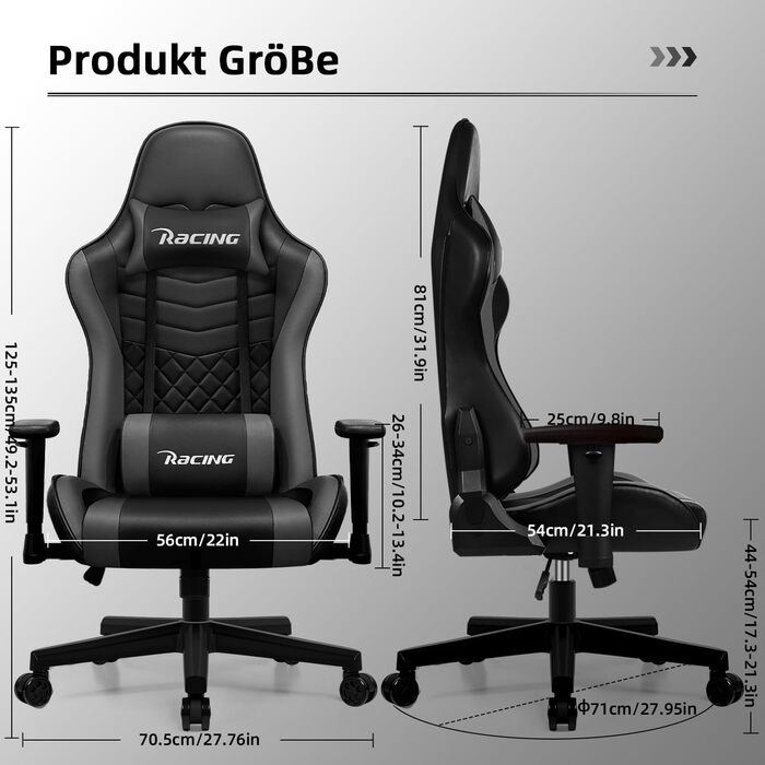 Геймерське крісло, офісне крісло з функцією гойдання до 170, ігрове крісло з регульованою поперековою подушкою, підлокітниками та підголівником, геймерське крісло зі зручними подушками сидіння, ігрове крісло вантажопідйомністю 150 кг