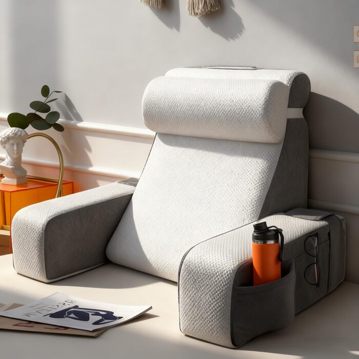 Велика подушка для читання зі знімним потиличним валиком та підлокітником, подушка для спини ліжка, ергономічна подушка для спини з підлокітником, кишеня та чохол, який можна прати, для читання та перегляду телевізора.