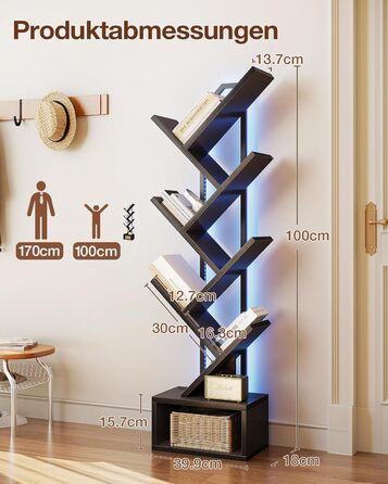 Книжкова полиця Coleshome у формі дерева, 6-ярусна окремостояча полиця, дерев&39яна книжкова полиця зі світловою стрічкою, підходить для вітальні та спальні, чорна