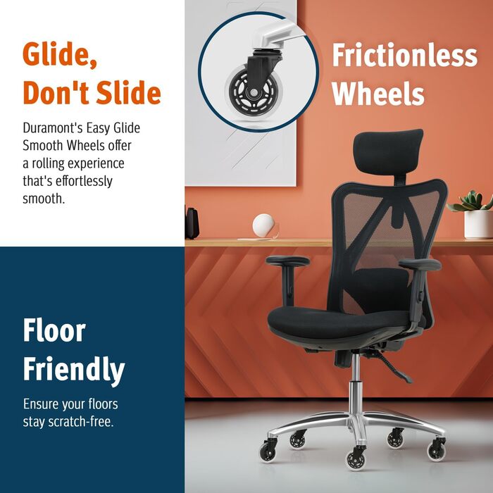 Ергономічне офісне крісло, регульоване робоче крісло з поперековою опорою та роликовими коліщатками, висока спинка, дихаюча сітчаста тканина, товста подушка сидіння, підголівник та підлокітники, чорний колір