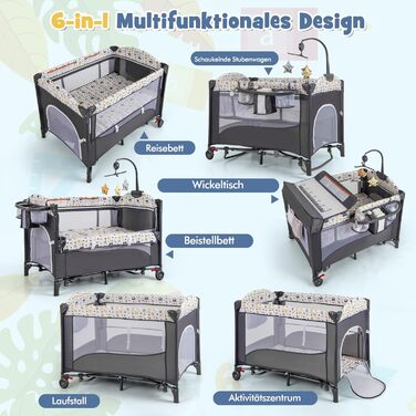 Дитяче ліжечко COSTWAY 5-в-1, дорожнє ліжечко з матрацом, регульована по висоті тумбочка з пеленальний столик, ремені безпеки, музичний мобіль та підвісні іграшки, колиска/колиска з колесами для малюків, сірий колір