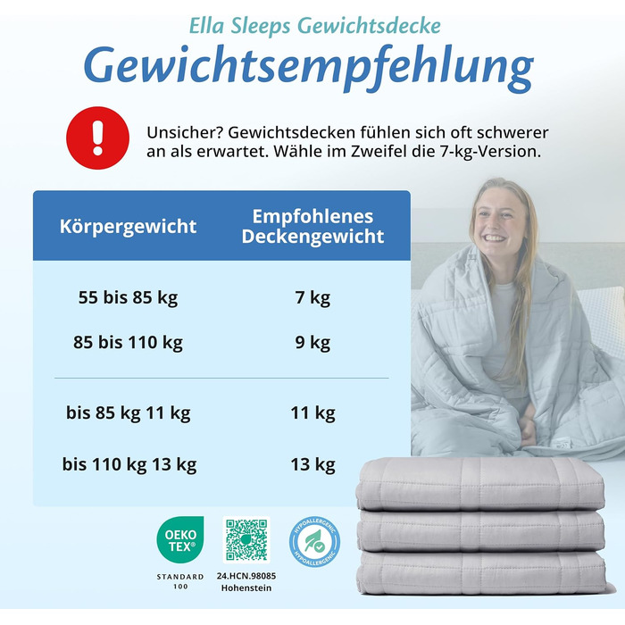 Обтяжена ковдра Ella 135x200 7 кг - Антистресова терапевтична ковдра - Щільна ковдра зі 100 бавовни - Ковдра для глибокого сну та кращого відновлення, Обтяжена ковдра для чоловіків та жінок від 55 до 85 кг, сіра 135x200 7 кг сіра