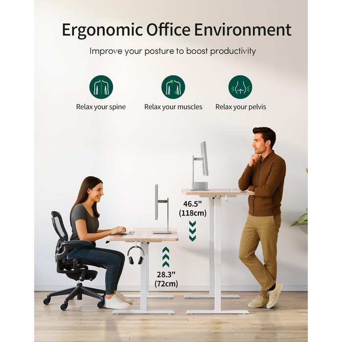 Стіл FEZIBO з регульованою висотою, цільна стільниця, 120 x 60 см, стіл з регульованою висотою та портами зарядки USB-A та USB-C, стіл для роботи сидячи та стоячи для домашнього офісу, стіл для роботи стоячи, дуб 120 x 60 см