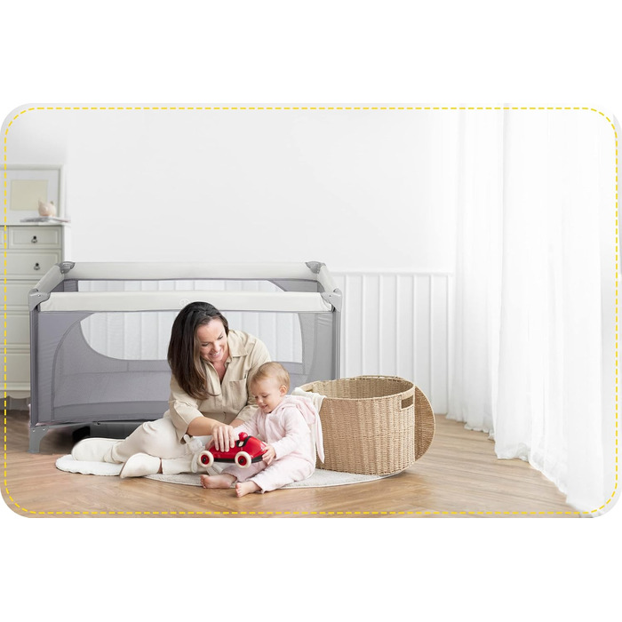 Дитяче ліжечко Ricokids, портативне, манеж, 125x65x78 см, вантажопідйомність 15 кг, складне, два колеса з гальмами, знімний бічний вхід, матрац, сумка, світло-сіре ліжечко, колір Hellgrau