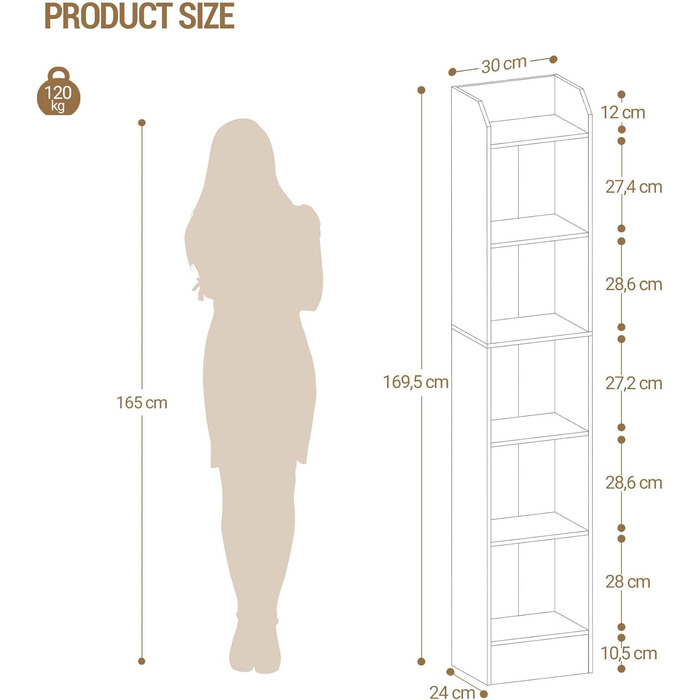 Книжкова полиця Hzuaneri, 6-ярусна стояча полиця, полиця для зберігання, полиця для колекційних предметів, регульовані панелі, для вітальні, офісу, 24 x 30 x 169,5 см, чорна BC06904 шт. 24 x 30 x 169,5 см чорна