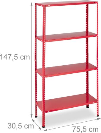 Потужний стелаж Relaxdays, комплект з 2 шт., вантажопідйомність 160 кг, 4 полиці, висота та ширина 147,5x75,5x30,5 см, для підвалу та гаража, металевий стелаж, червоний