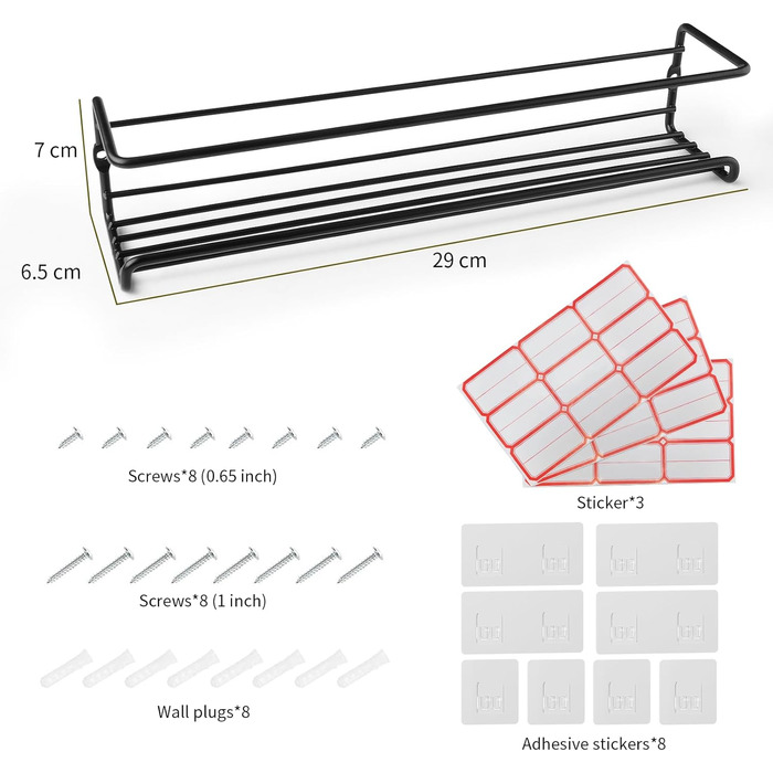 Металева підставка для спецій GEEDIAR - Підвісна кухонна полиця з 4 предметів, самоклеюча підставка для спецій (не потребує свердління) для стін, кухонних шаф, дверцят кухонних шаф, декоративних предметів, стільниць, 29 x 6,35 x 6 см, чорна
