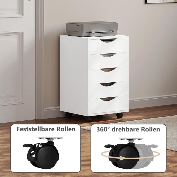 Контейнер на колесах WOLTU з 5 шухлядами, мобільна шафа для документів на колесах, блок з шухлядами, офісна шафа, офісний контейнер, тумба для столу, для домашнього офісу, білий, 40x66,5x40 см, ASK14ws