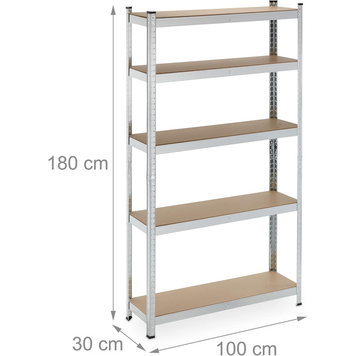 Полиця для зберігання Relaxdays для важких умов експлуатації, 5 ярусів, висота та ширина 180x100x30 см, вантажопідйомність 500 кг, сталь, для підвалу та гаража, сріблястий колір
