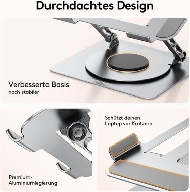 Стійка для ноутбука TECKNET регульована по висоті, ергономічна та складна, з алюмінію. Надійна підставка для ноутбука, сумісна з MacBook Air/Pro, Dell до 17,3 дюймів - срібляста