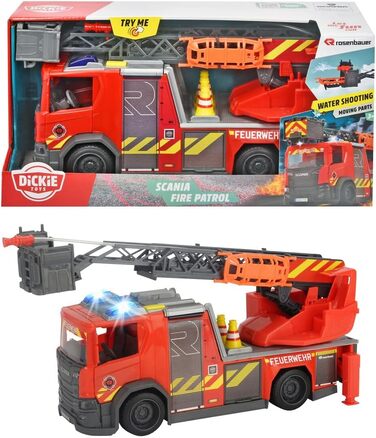 Пожежна драбина Dickie Toys Scania з поворотною драбиною, функція розпилення води, Rosenbauer, світло та звук, вкл. батарейки, з висувною поворотною драбиною та опорними ніжками, 25 см, червона