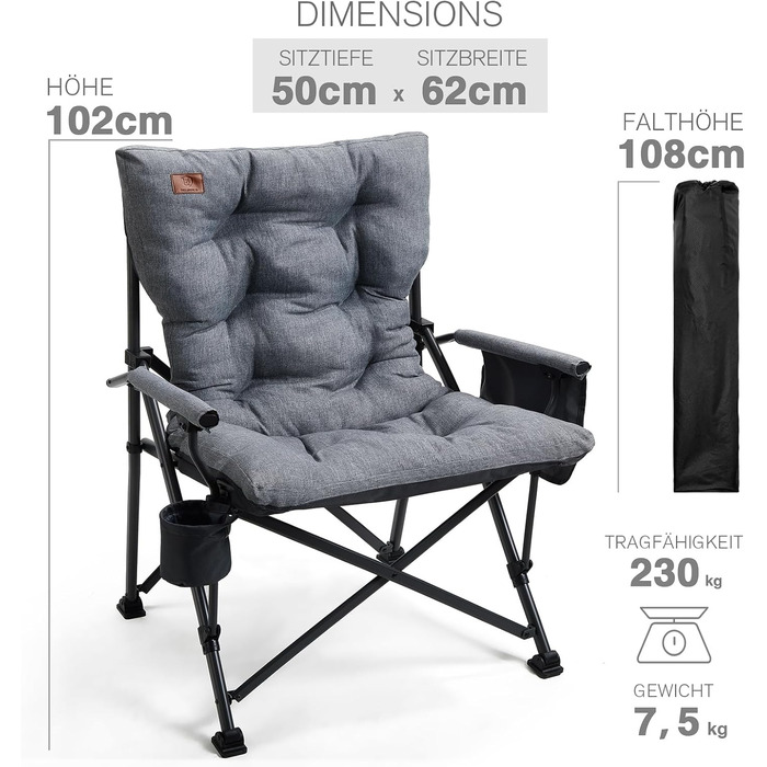 Складаний кемпінговий стілець EVER ADVANCED, вантажопідйомність 230 кг, XL-розмір, ширина сидіння 62 см з бічною кишенею та тримачем для напоїв, великий складний стілець, рибальський стілець для кемпінгу, використання на вулиці, балкон, сад, сірий