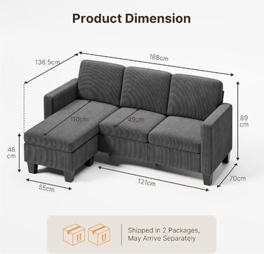 Г-подібний 3-місний кутовий диван Xbro з висувною підставкою для ніг, невеликий кутовий диван з м&39якої вельветової тканини, 188 136,5 89 см, темно-сірий/чорний