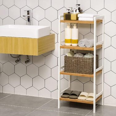 Бамбукова полиця SONGMICS, кухонна полиця, полиця для ванної кімнати, книжкова полиця, окремостояча полиця з 4 полицями, 31,5 x 45 x 111 см, для ванної кімнати, кухні, вітальні, спальні, балкону, натурально-білий BCB74WN Натуральний білий 4 рівні (111В см