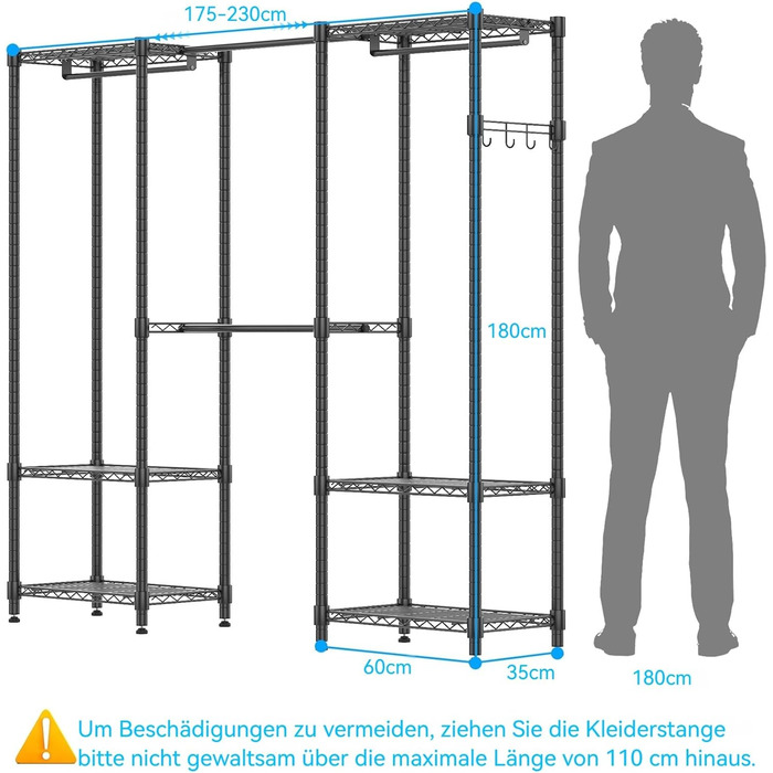 Телескопічна вішалка для одягу Himimi з 4 шт. ангами для одягу та 6 полицями з регульованою висотою, 1 гачок, телескопічна система полиць, Ш (175-230) x В 180 см, адаптується до кімнат різних розмірів, чорна, 175-230 x 35 x 180 см, чорний