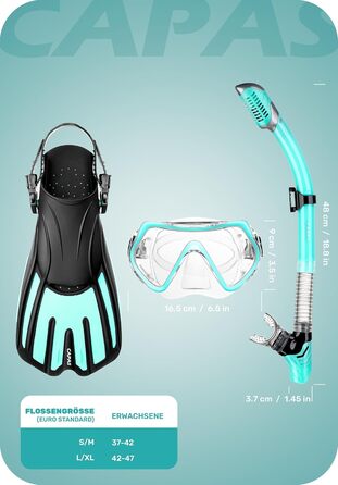 Набір для підводного плавання CAPAS з ластами, спорядження для підводного плавання дорожнього розміру для дорослих з короткими регульованими ластами, високоміцною маскою для дайвінгу та трубкою Dry Top, з сумкою для перенесення L/XL (42/47) зелено-чорний
