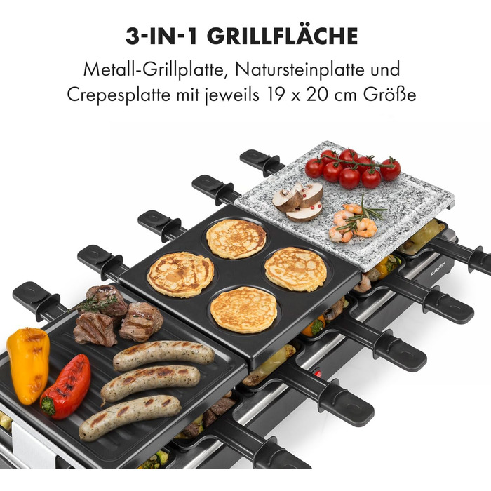 Гриль і фондю для раклету 3-в-1, 1650 Вт металевий/натуральний камінь/млинець, 3 окремі нагрівальні елементи з нержавіючої сталі, до 12 осіб, антипригарне покриття, чорний