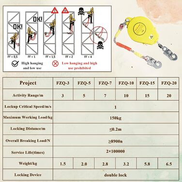 Висувний пристрій для зупинки падіння 3м/5м/7м/10м/15м/20м, зелено-жовтий ремінь безпеки, вантажопідйомність 150 кг, для покрівельних робіт/робіт на висоті (жовтий, 15 метрів)