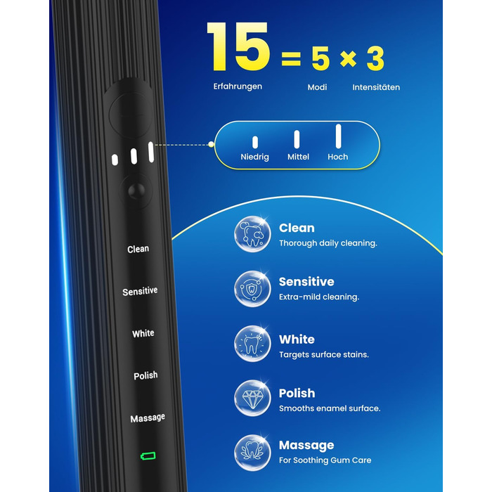 Електрична звукова зубна щітка для дорослих та дітей, 5 режимів чищення з 3 рівнями інтенсивності, 8 змінних насадок та дорожній футляр, акумуляторна зубна щітка (, в упаковці) Чорна