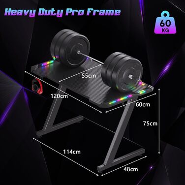 Ігровий стіл Homall зі світлодіодним підсвічуванням, ігровий стіл з RGB-підсвіткою 120 x 60 см, Z-подібна форма, великий комп&39ютерний стіл з гачком для навушників та підставкою для чашок, ігровий стіл для домашнього офісу (чорний)