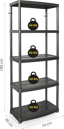 Пластиковий стелаж - з 5 полицями - висота 180 см, ширина 74 см - виготовлений з міцного пластику - для підвалу, гаража, комори, саду - до 50 кг/полиця - вставний стелаж - Чорний 180x74x40 см