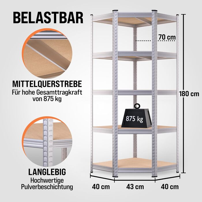 Кутова полиця Monzana 180x70x40 см 875 кг 5 полиць МДФ Міцна полиця Полиця для підвалу Вставна полиця Полиця для майстерні Срібний колір