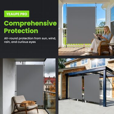 Вертикальний тент YEAUPE PRO для вулиці, 119 x 270 см, темно-сірий, не потребує свердління, кріплення тенту за допомогою ручної рукоятки, підходить для балкона, тераси, відкритого майданчика та саду, всепогодний екран для забезпечення конфіденційності 119