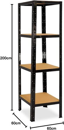 Чорний надміцний стелаж, Чорний металевий стелаж, 4 полиці вантажопідйомністю 175 кг кожна, Стелаж для зберігання, Стелаж для підвалу, Побутовий стелаж, Чорний металевий стелаж, Окремостоячий, В 200см / Ш 60см / Г 60см, 200x60x60